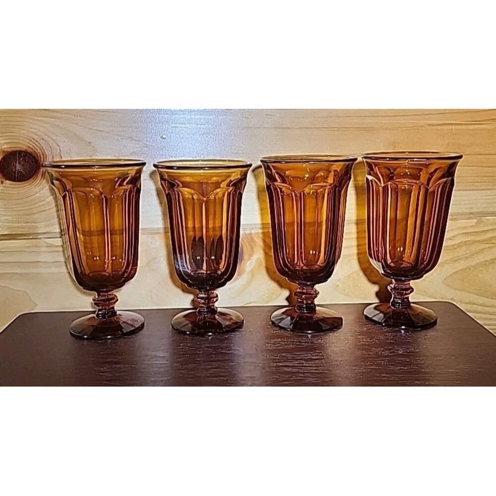 4 VINTAGE IMPERIAL GLASS AMBER ICE TEA GOBLETS/GLASSES WILLIAMSBURG PATTERN Read - Picture 1 of 6